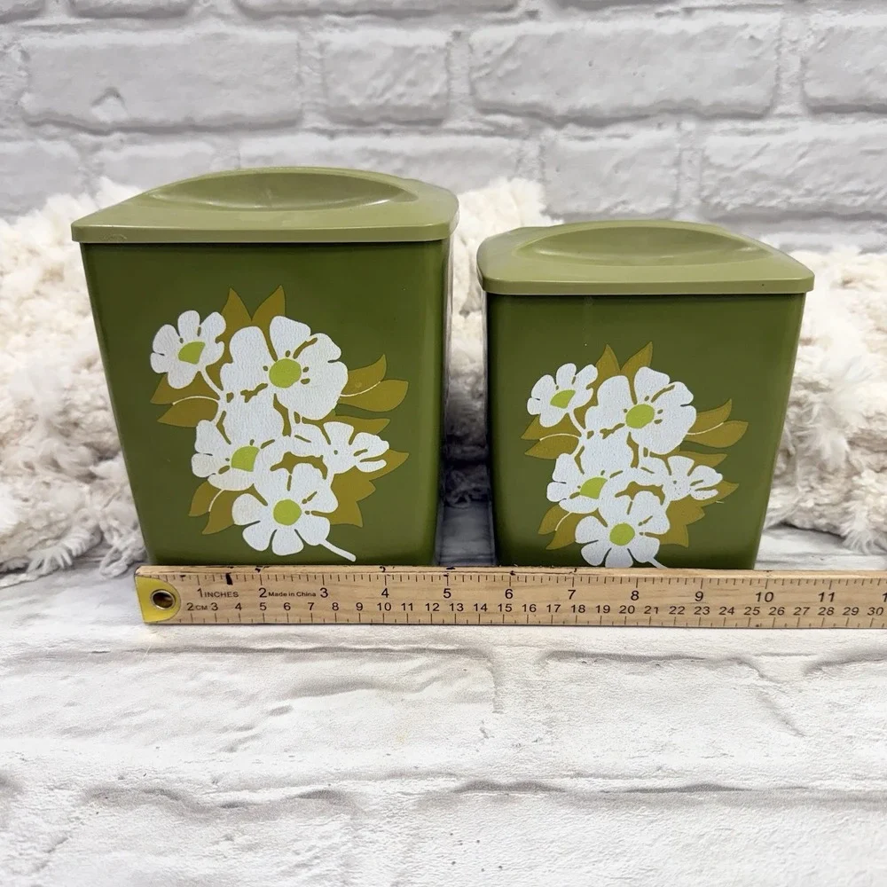 Vtg MCM Avocado Green Floral Plastic Nesting Canisters 2 Containers With Lids